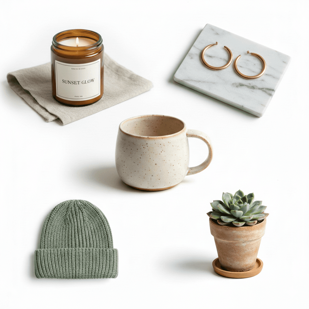 Product flat-lay showing candle, earrings, mug, beanie, and succulent